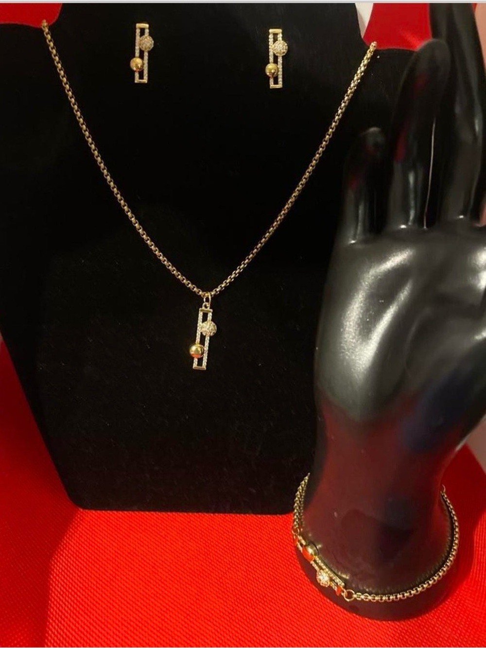 Stainless steel Gold-Tone plated Bar Pendant Necklace and Earring Set